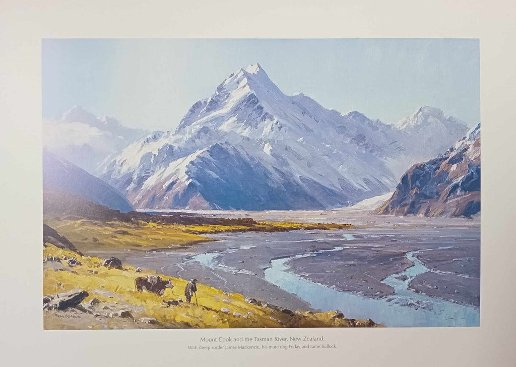Peter Beadle-Mt Cook with the Tasman River featuring sheep rustler James McKenzie with his mute dog Friday and his tame Bullock.