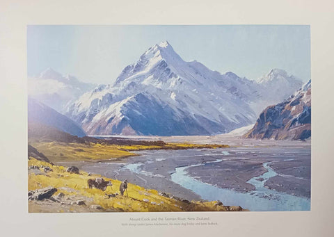 Peter Beadle-Mt Cook with the Tasman River featuring sheep rustler James McKenzie with his mute dog Friday and his tame Bullock.
