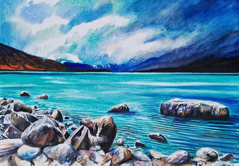 Kelvin McMillan-Storm clouds over Lake Tekapo. Original watercolour