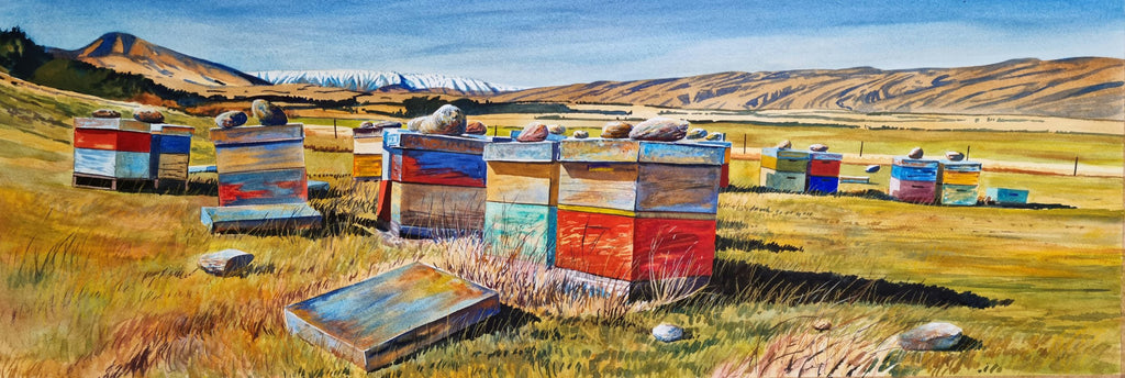 Kelvin McMillan-Beehives Looking Towards the Hawkdun Range Two. Limited edition signed giclee print