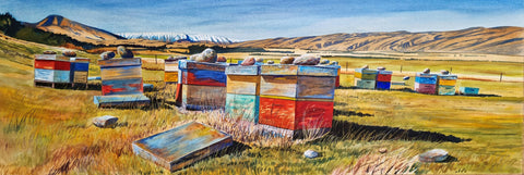Kelvin McMillan-Beehives Looking Towards the Hawkdun Range Two. Limited edition signed giclee print