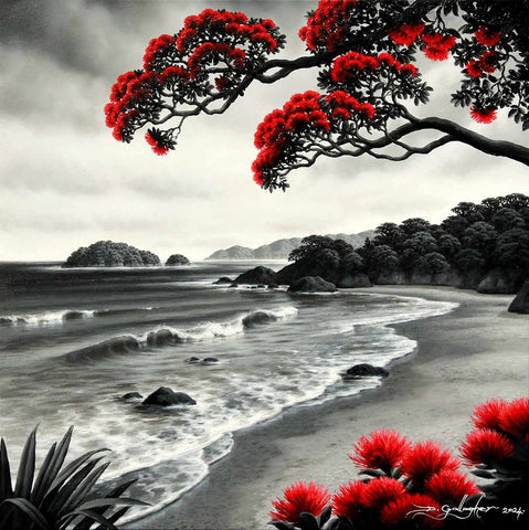 Dale Gallagher latest piece "Summer Memories" featuring the classic NZ pohutukawa in full bloom