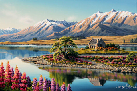 Dale Gallagher-Lake Tekapo Lupins with The Church of the Good Shepherd.
