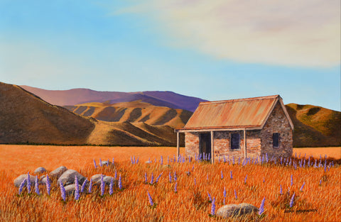 Brian McCracken-Cottage and Lupins in Evening Light
