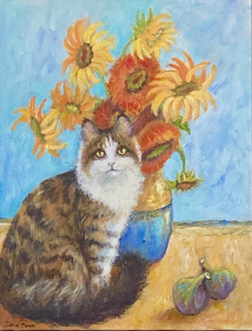 Dana Rose-Long-haired Tabby & Sunflowers