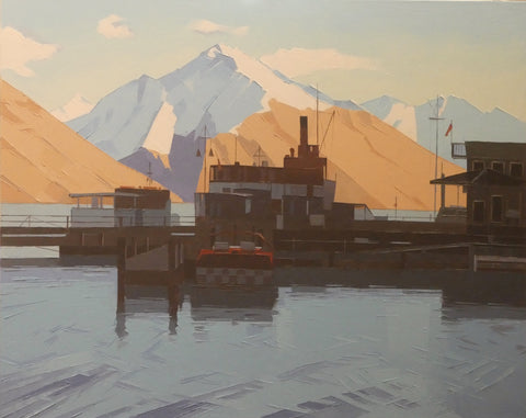 John Gillies-Last light. TSS Earnslaw at the Earnslaw Wharf with Walter Peak