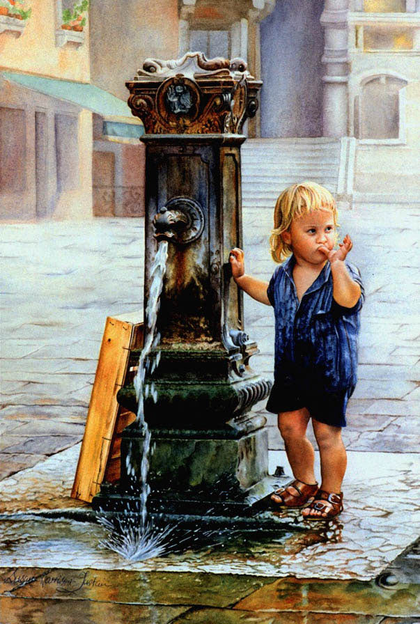 Susan Harrison Tustain.Adesso chi la sente mamma. Boy next to water fountain in Piazza in Venice.Fine Art Giclee Reproductions