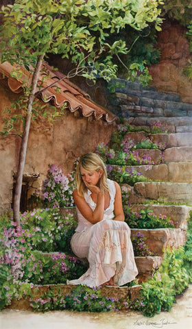 Susan Harrison Tustain.Time for reflection.Sitting on the stone steps in a french Village.Fine Art Giclee Reproductions