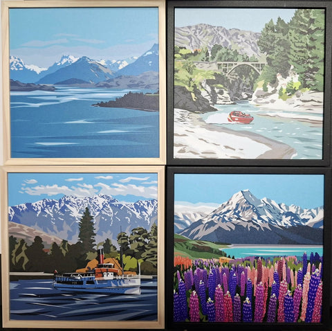 Ira Mitchell-From Bennetts Bluff lake Wakatipu, Shotover Jet, The Earnslaw, Lupins at Mt Cook in the block print.