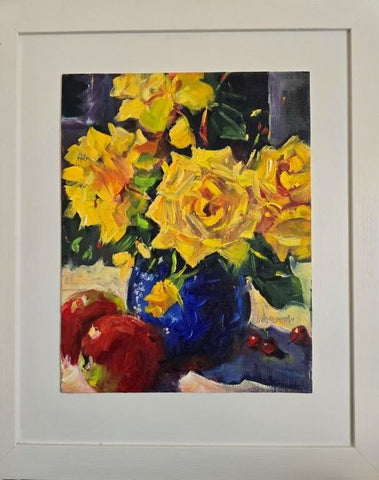 Jane McIntosh-. Friesia Rose in blue vase
