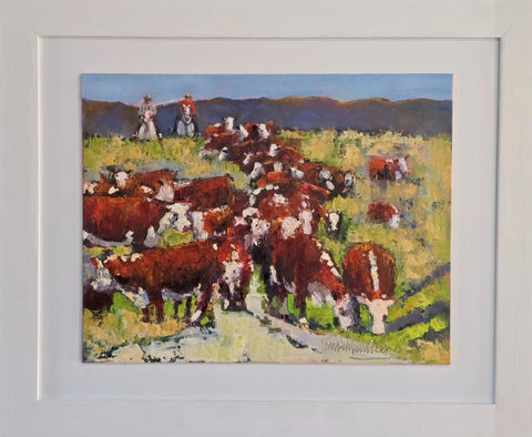 Jane McIntosh-Mustering Hereford Cattle, Lochiel Station, Hanmer Springs.