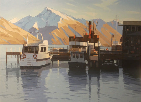 John Gillies-The Earnslaw ,Lake Wakatipu with the Steamer Wharf and Walter Peak in the background.