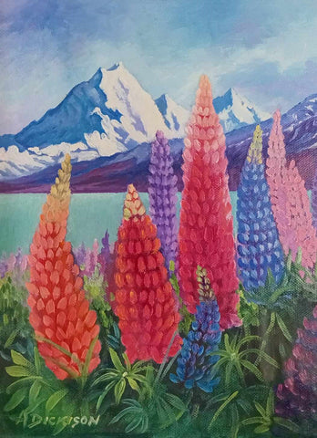 Annette Dickison-Mt Cook and Lupins, Lake Tekapo.