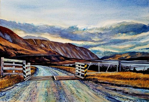 Kelvin McMillan-Nor West Skies over Rakaia Gorge. Original watercolour