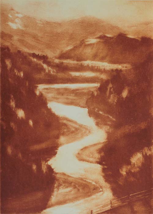 Philip Beadle-Down the Shotover River etching