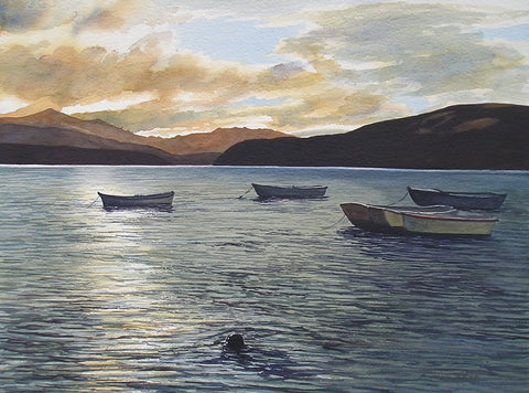 Kelvin McMillan-Last Light Akaroa Harbor Giclee. Limited edition and signed giclee prints